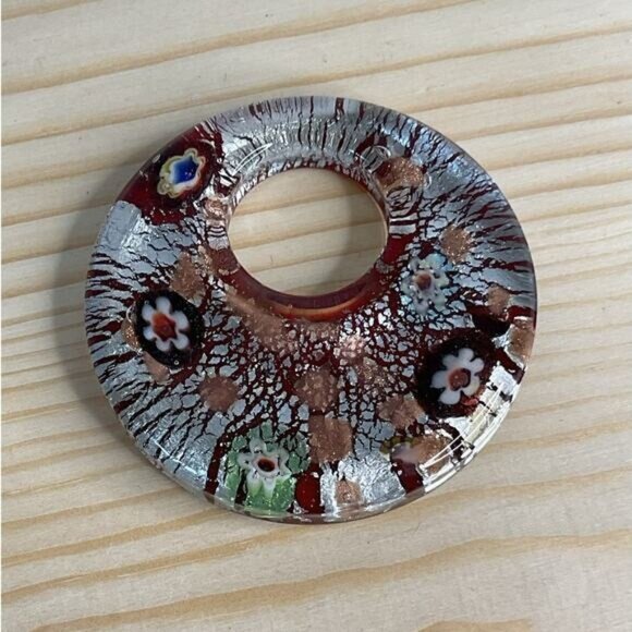 Handcrafted Italian Millefiori Glass Disc Pendant With Bold Red & Silver Hues - Picture 1 of 5